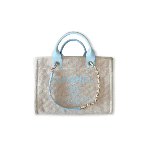 CHANEL Ткань Бежевый Синий Волокно Материал Золотая Цепочка Тоут Сумка Сумка для покупок Сумка Маленькая Женская Бежевая