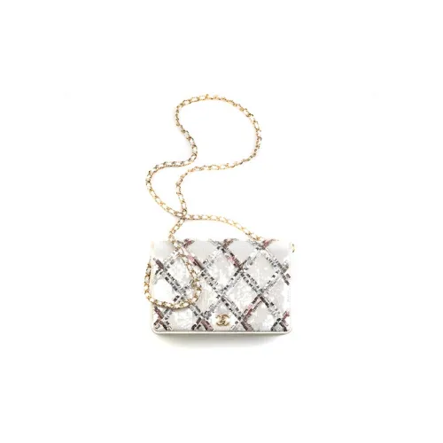 CHANEL Вышитая версия Шелковый атлас Блестки и Золотой металл Сумка через плечо Женская Белая