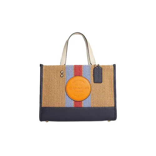 COACH Dempsey Солома And Утонченный Галечная кожа Тоут Сумка Сумка для покупок Сумка Большая Цвет Синий Красный