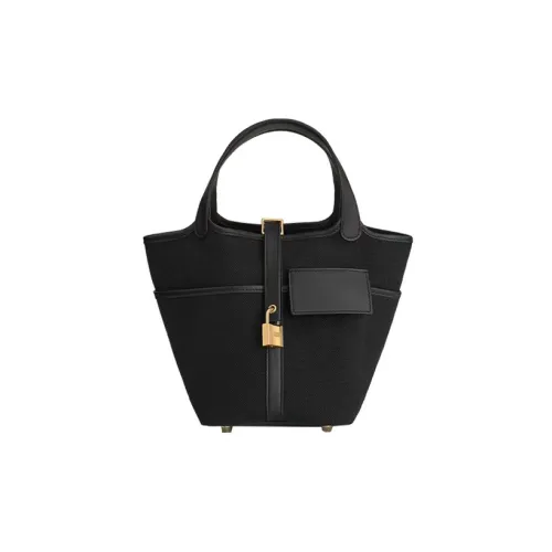 HERMES Picotin Lock Холст Swift Телячья кожа Корзинка Сумка Сумка-ведро Сумка Женская Черная