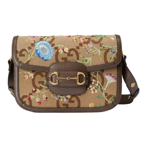 GUCCI Horsebit 1955 Холст с кожей Комбинированный Холст Сумка Седло Сумка Сумка через плечо Сумка через плечо Женская Эбеновый