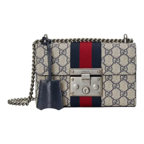 GUCCI Сумка с подвесным замком холст и кожа коробка через плечо маленькая женская светло-верблюжий синий красный