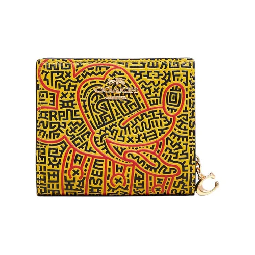 COACH Keith Haring x Disney collaboration Snap Wallet Кожа Держатель для карт кошелек Унисекс Желтый Красный