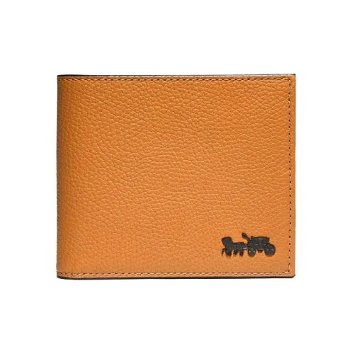 COACH Billfold Wallet Мягкий Полированный Галечная кожа And Утонченный Телячья кожа Кошелек Мужской Deep Янтарно-желтый