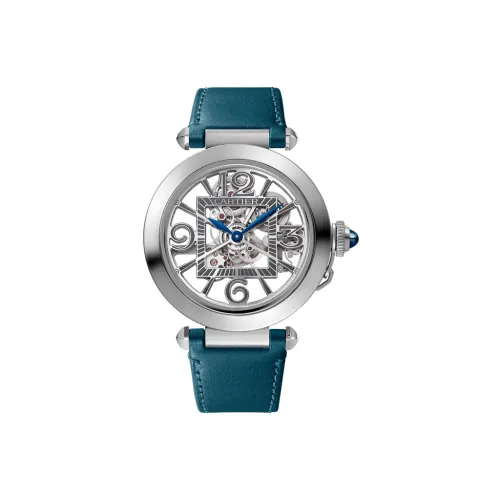 Cartier PASHA DE Автоматический Механический Часы для Мужчин 41 мм Скелетный Циферблат Корпус из Нержавеющей Стали Ремешок из Коровьей Кожи