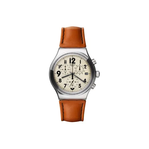 SWATCH Basic Series Кварцевый механизм Мужские часы Часы 43 мм Белый циферблат Корпус из нержавеющей стали Кожаный ремешок