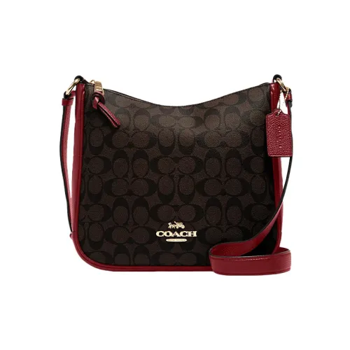COACH Ellie Classic Monogram Холст и Пыльная Кожа Ручная Сумка Сумка через плечо Сумка среднего размера Женская Коричневая и Красная