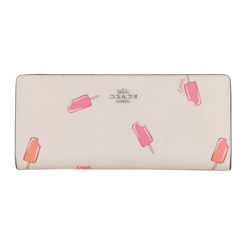 COACH Slim Wallet Гладкая кожа Покрытый холст Кошелек Женский Белый и Розовый