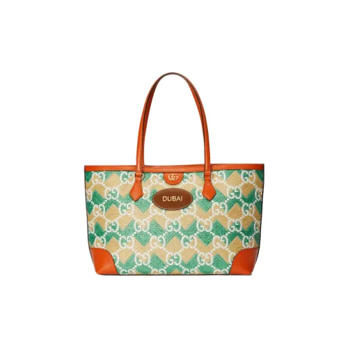 GUCCI Солома Ткань Тоут Сумка Сумка для покупок Сумка на плечо Сумка Женская Зеленая Желтая Оранжевая