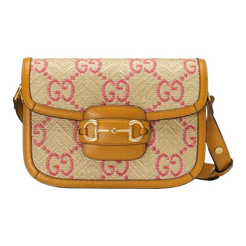 GUCCI Horsebit 1955 Raffia Effect Кожаная вставка Saddle Сумка Плечевая сумка Маленькая Женская Бежевая Желтая и Красная