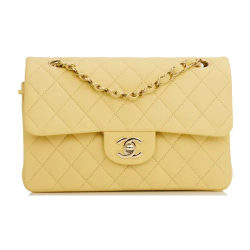 CHANEL Classic Flap CF Классический Телячья кожа Золото Металл Клапан Сумка через плечо Маленькая Женская Светло-желтая