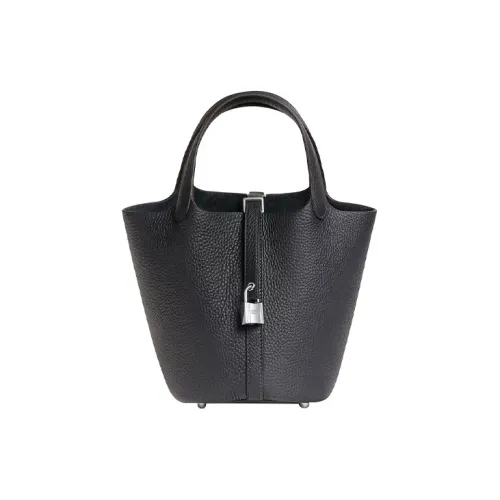 HERMES Picotin Lock Clemence Bullock Кожа Корзина Сумка Ведрообразная Сумка Сумка 18 Женская 3Y Caban Черный Твид