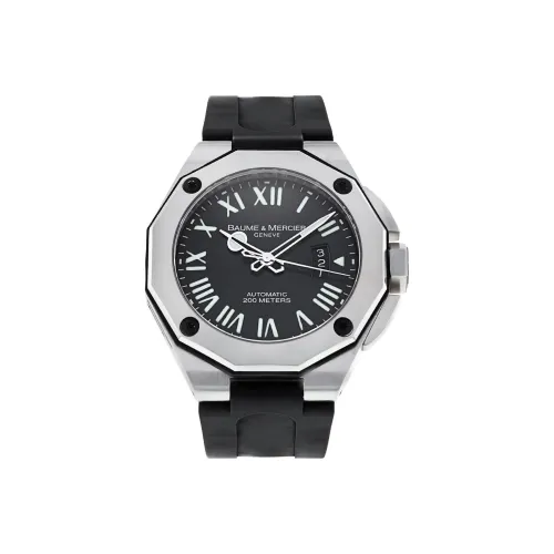 Baume Mercier Автоматический Механический Часы Мужские Часы 45 мм Черный Циферблат Корпус из Нержавеющей Стали Резиновый Ремешок