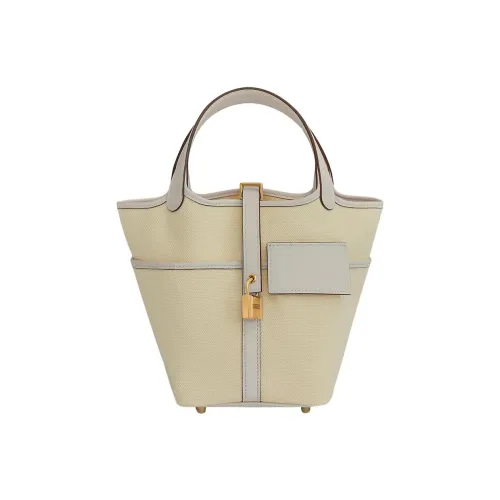 HERMES Picotin Lock Холст Swift Телячья кожа Корзинка Сумка Сумка-ведро Сумка Женская Светлый Бежевый Кремовый Белый