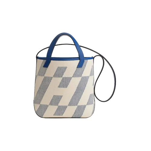 HERMES Cabas Холст Swift Телячья кожа Сумка через плечо Сумка Женская Светлый Бежевый Французский Синий Королевский Синий