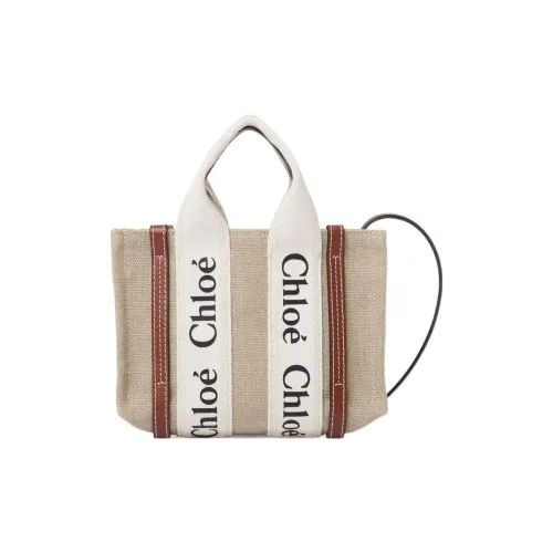 Chloe Woody Linen Canvas Calfskin Tote Bag Shopping Bag Crossbody Bag Mini Women's