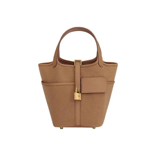 HERMES Picotin Lock Холст Swift Телячья кожа Корзинка Сумка Сумка Женская Чайный Коричневый