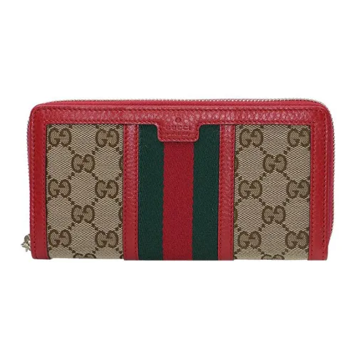 GUCCI Canvas с кожаными вставками кошелек женский коричневый красный