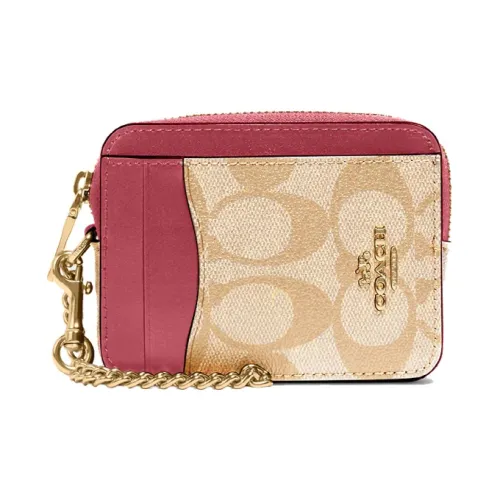 COACH Card Case Холст с покрытием и гладкая кожа Акценты Держатель для карт Мини Женский Монограмма Коричневый Рубиновый Красный