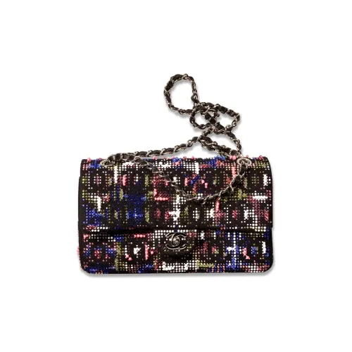 CHANEL Classic Flap CF Вышивка Twill Мягкий Шерстяной Сумка через плечо Женская Черный и Многоцветный