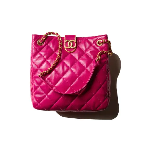 CHANEL Lambskin Shopping Bag Crossbody Tote Small Women's Peach Red