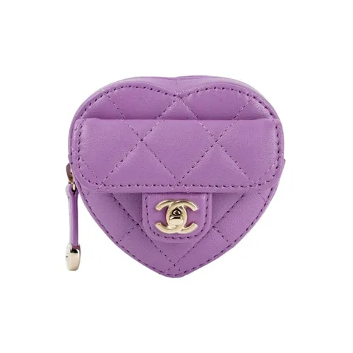 CHANEL 22SS Lambskin Heart-Shaped Clutch Heart-Shaped Wallet Coin Purse Wristlet Bag Women's Purple