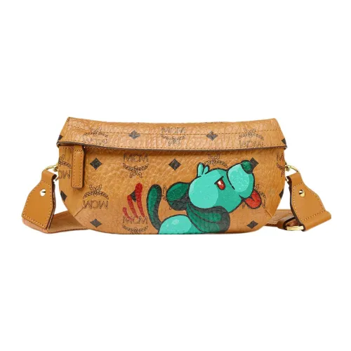 MCM Visetos Напп-Кожа Комбинированная Сумка через плечо Сумка Банан Mini Унисекс Коньячный Коричневый