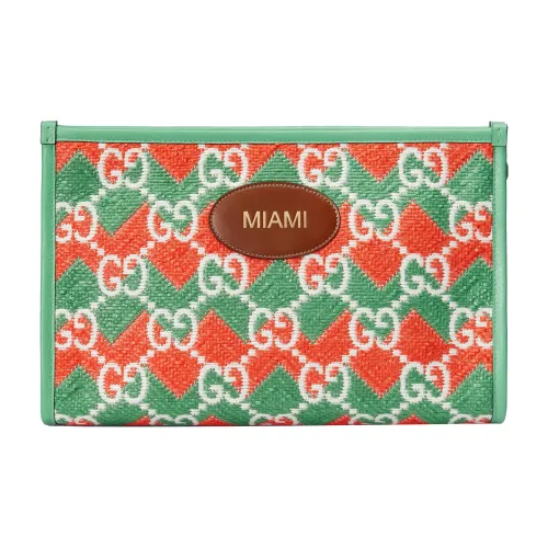 GUCCI Солома с кожаными вставками Комбинированная косметичка клатч женский зеленый оранжевый