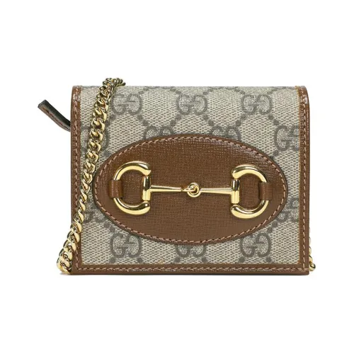 GUCCI Horsebit 1955 Холст и кожа Сумка с цепочкой Держатель для карт кошелек Стандартный Женский Эбеновое дерево Коричневый