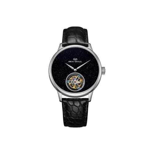 Sea Gull Авантюрин Tourbillon Механизм с ручным заводом Естественная кожа Ремешок Часы Мужские Черный циферблат