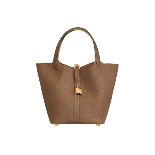 HERMES Picotin Lock Clemence Swift Кожа Basket Сумка-ведро Сумка Женская Каштановый Цвет печенья