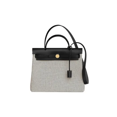 HERMES Herbag Zip Холст с кожей Сумка через плечо Сумка Unisex Light Бежевый Белый Черный