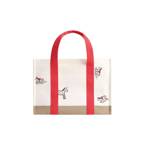 HERMES Хлопок Canvas Сумка Tote Сумка Shopping Bag Women's Бежевый Yellow Red White