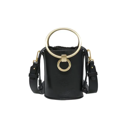PINKO Корова Кожа Ведрообразная Сумка Сумка через плечо Женская Черная Черное Золото