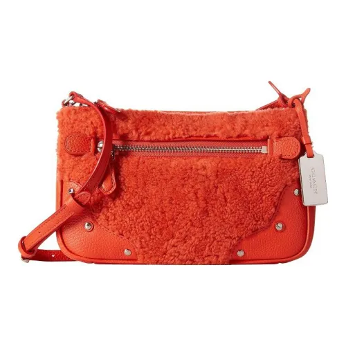 COACH Rhyder Крупнозернистая текстура Кожа с Плюшевым Шерпей Сумка через плечо Большая Женская Ярко-оранжевая