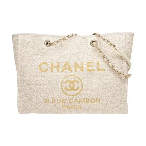 CHANEL Айвори Холст Материал Золото Металл Тоут Сумка Сумка для покупок Сумка через плечо Сумка Обычная Женская Айвори