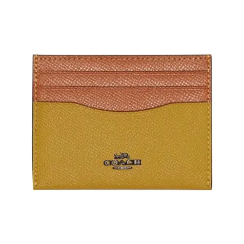 COACH Card Case Кожаный Кошелек для монет держатель для карт Женский Коричневый и Лен Желтый