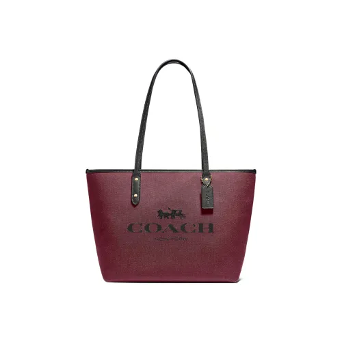 COACH Ткань с коровьей кожей Тоут Сумка Сумка для покупок Сумка на плечо Сумка Большая Женская Бургунди