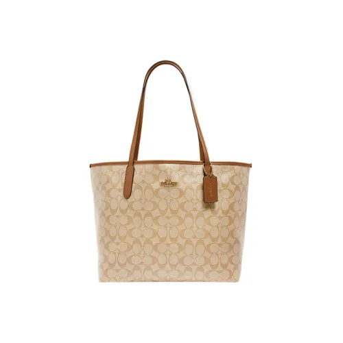 COACH Городская Сумка Tote из покрытого холста с кожаными вставками Сумка для покупок Сумка через плечо Сумка для женщин Молочно-чайный