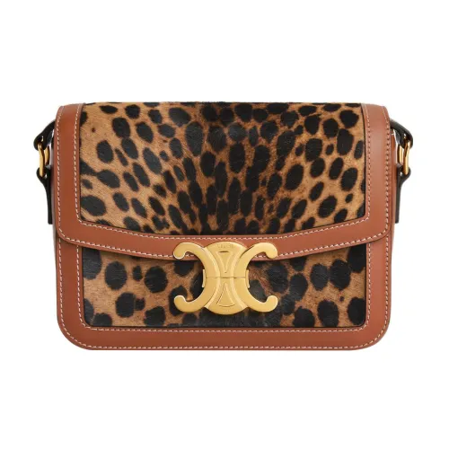 CELINE Triomphe Пони Кожа Телячья кожа Отделка Сумка через плечо Женская Леопардовый принт Коричневый