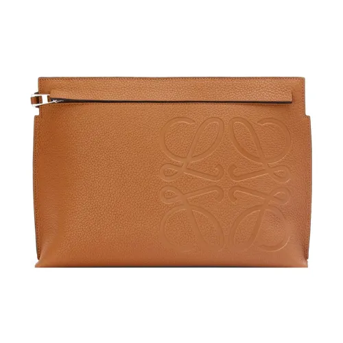 LOEWE T Pouch Bag Зернистая Телячья Кожа Клатч Женский Коричневый