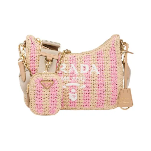 PRADA RE Edition Натуральный Рафия Волокно Кожа Детали Сумка через плечо Сумка на плечо Женская Коричневый Лепесток Розовый