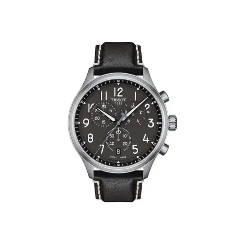 TISSOT Quartz Механизм Мужские часы 45 мм Черный циферблат Стальной корпус Часы Естественная кожа Ремешок