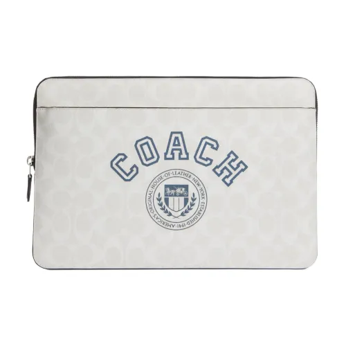 COACH Холст с покрытием и гладкая кожа Клатч Ноутбук Сумка Большой Женские Мел белый Индиго