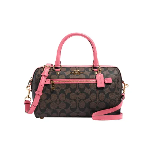 COACH Rowan Покрытый холст с кожаными вставками Сумка Сумка через плечо Сумка через плечо Большая Женская Коричневый и Арбузно-красный