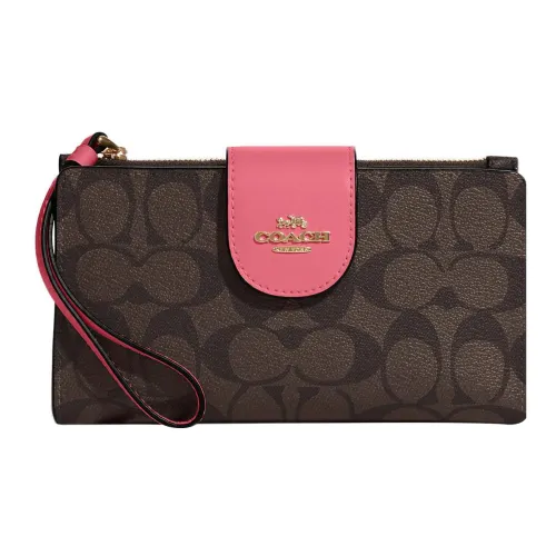 COACH Tech Wallet Холст с покрытием и гладкая кожа держатель для сумки на запястье кошелек женские коричневый арбузно-розовый красный