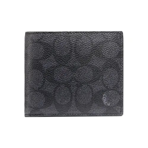 COACH Подпись Покрытый холст Утонченная телячья кожа Держатель для карт Кошелек Мужской Черный