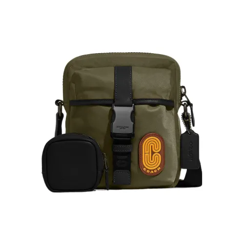 COACH Ma Переработанный нейлон саржа гладкая телячья кожа комбинированная сумка сумка через плечо маленькая мужская оливково-зеленый