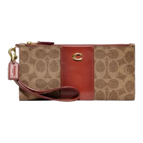 COACH Double Zip Wallet Подпись Покрытый холст с утонченной телячьей кожей Клатч Держатель для карт Кошелек Женский Коричневый и Ржавый