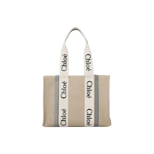 Chloe Woody Linen Tote Bag Shopping Bag Shoulder Bag Crossbody Bag Medium Women's Beige Blue Beige